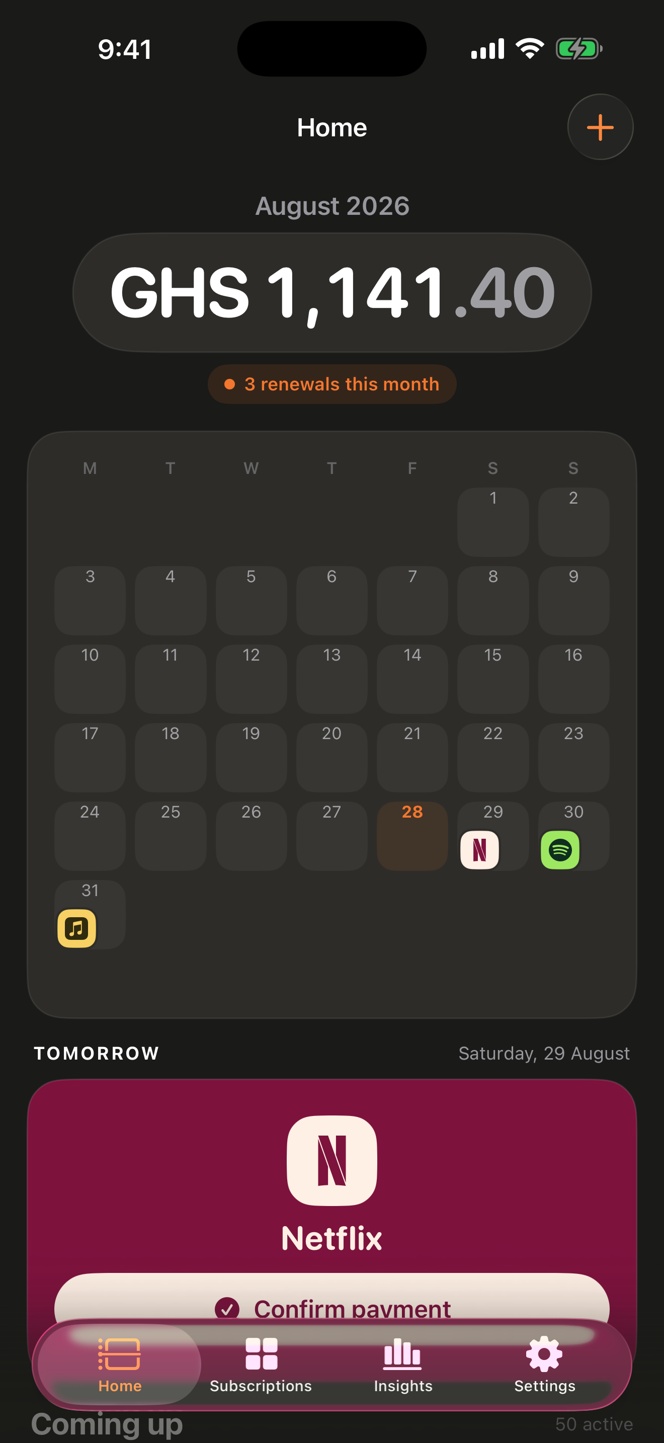 Renuo Home showing the August renewal calendar and upcoming subscriptions